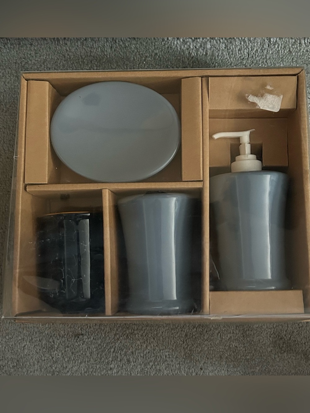 4 Piece Ceramic Bath Accessory Set, New, (3 blue and 1 marbleized black)
